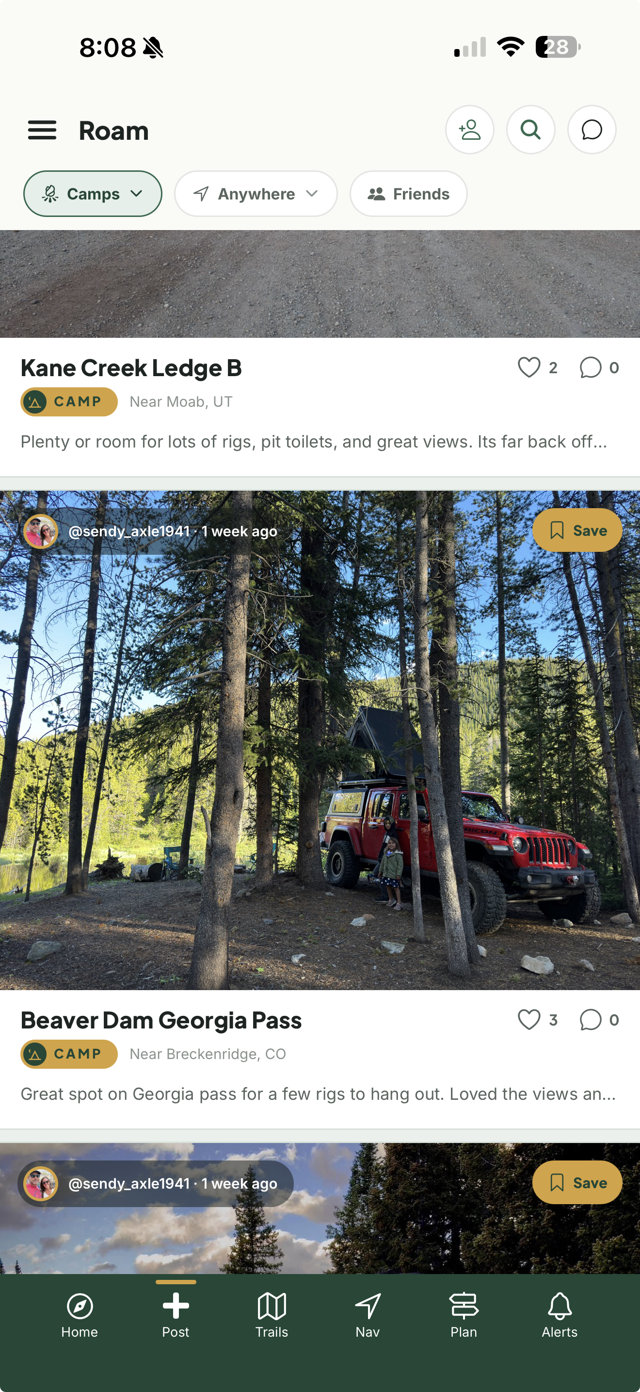 The Landroamer explore map showing community campsite pins