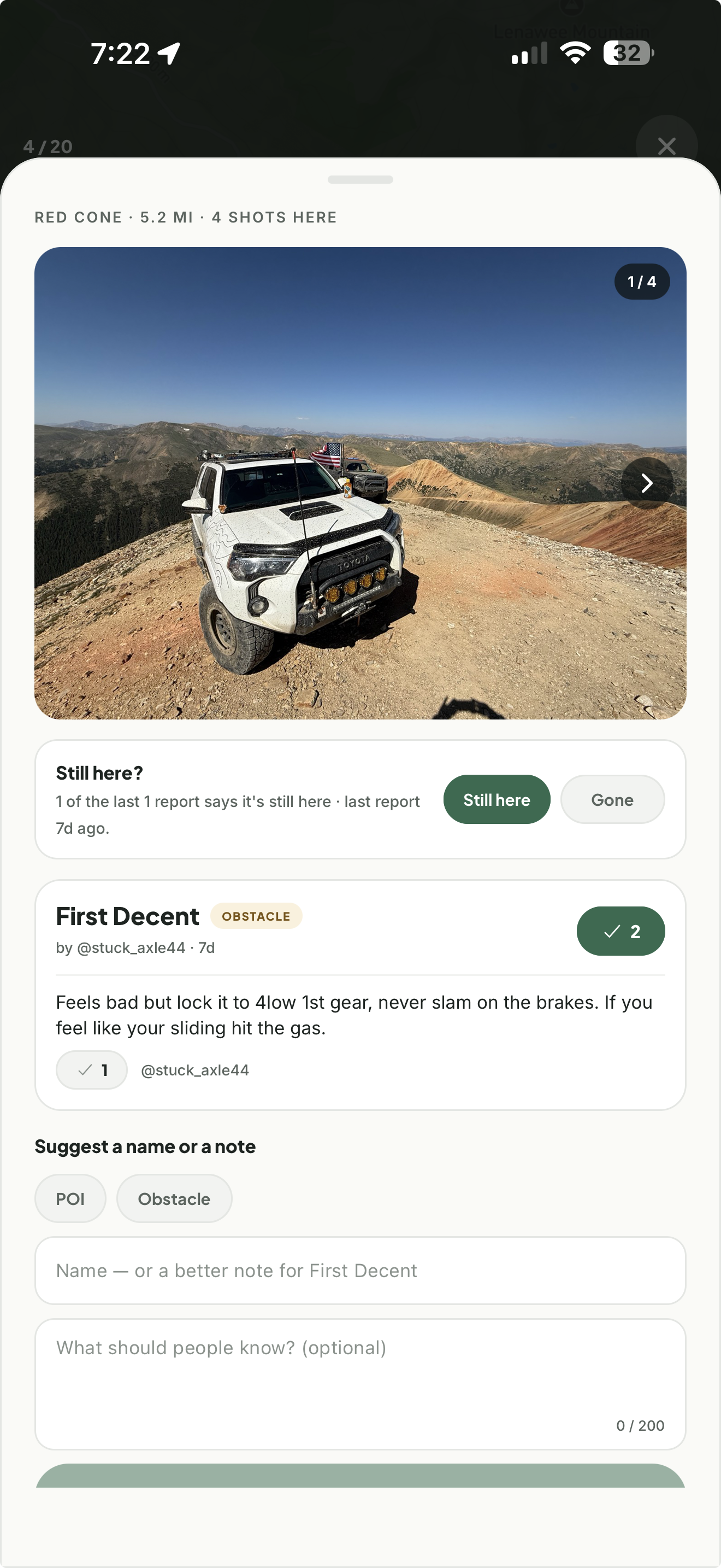 A Landroamer obstacle card with community photos, video, and votes