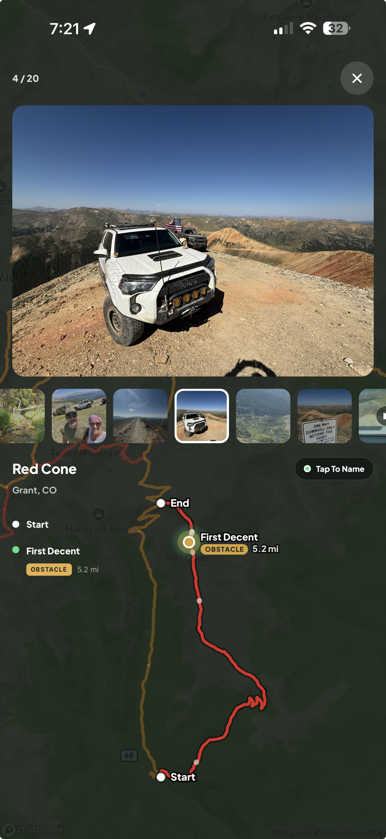 A Landroamer trail map listing the named obstacles along the route