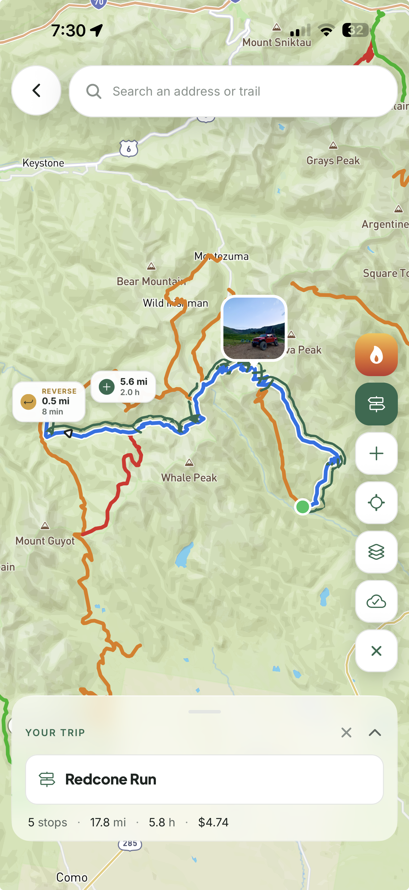 The Landroamer trip planner with a full multi-leg route built out