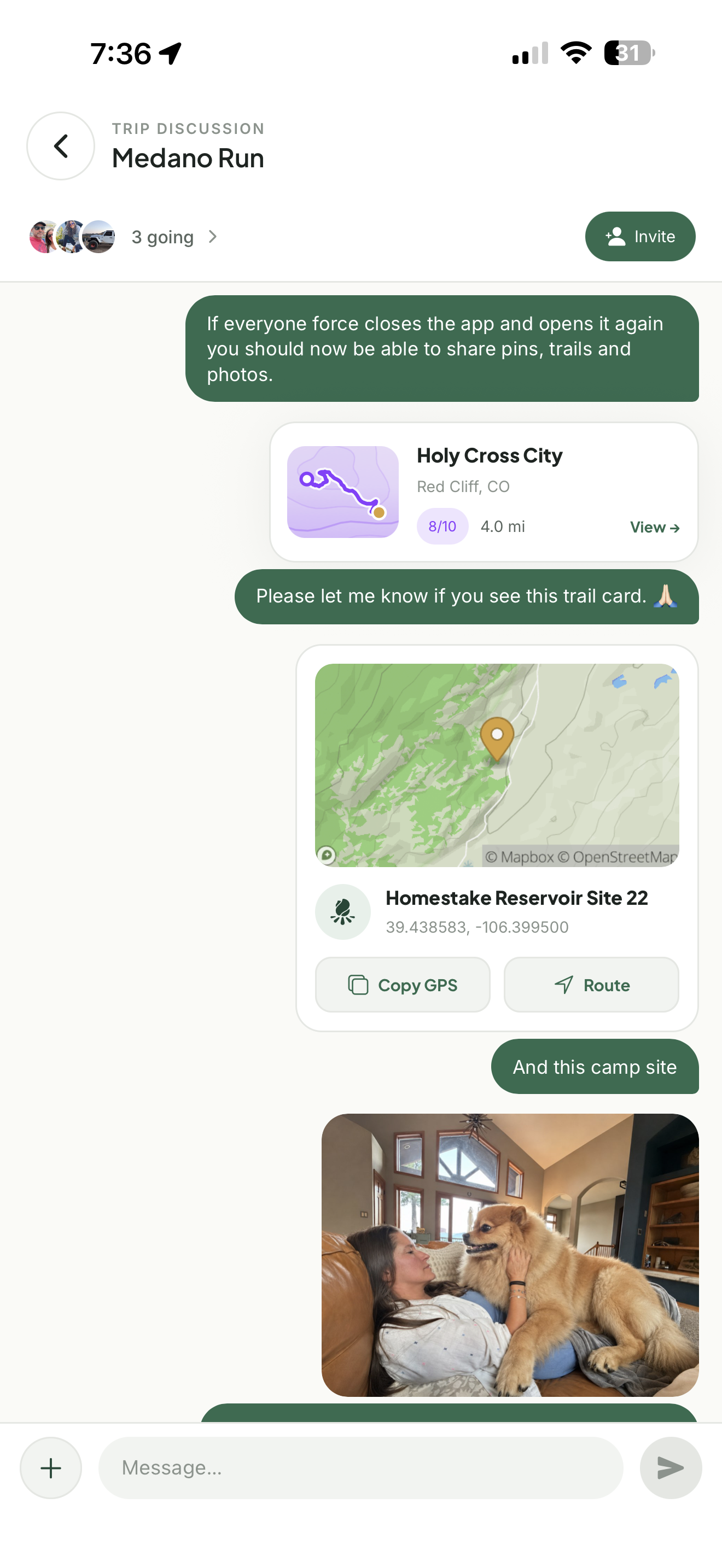 A Landroamer trip chat thread with the crew