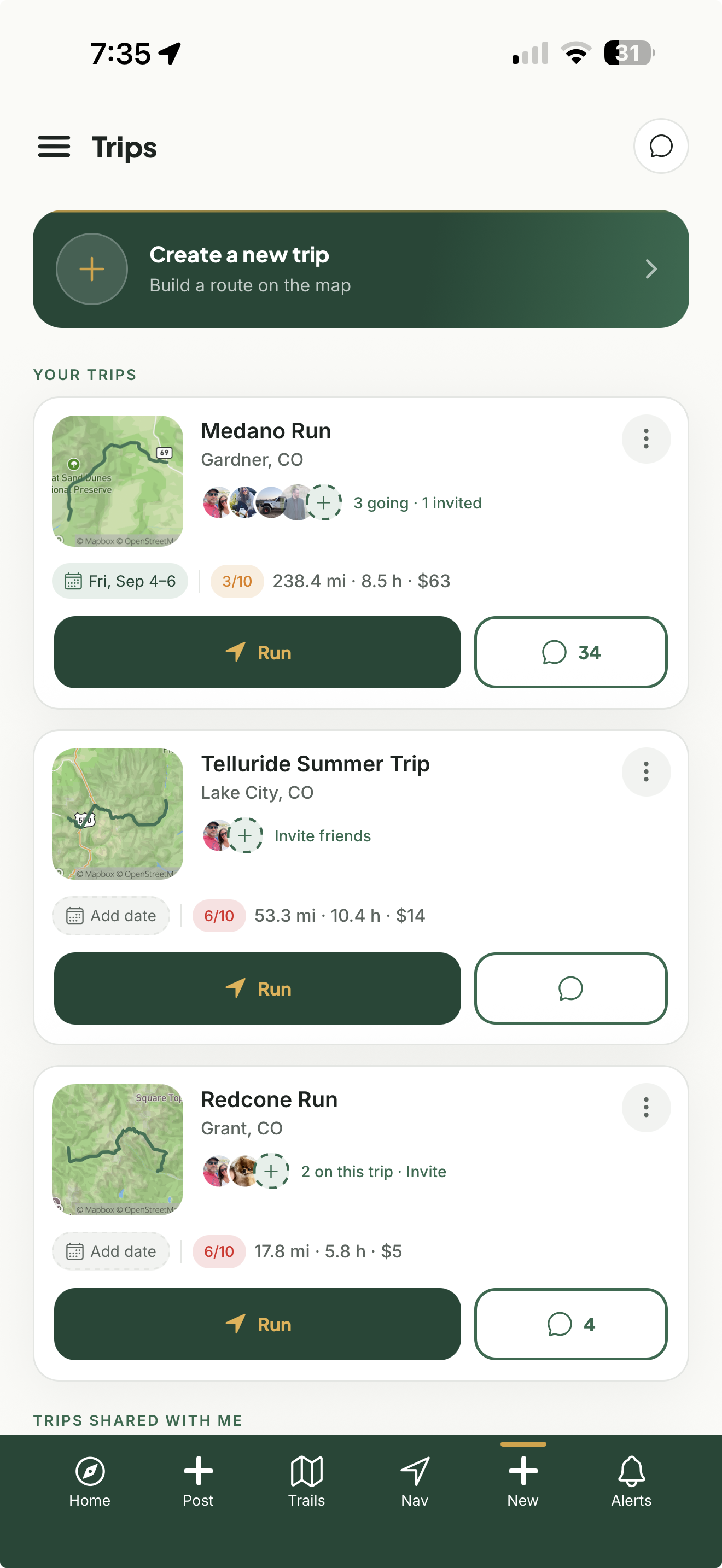 The Landroamer trips list with saved trips