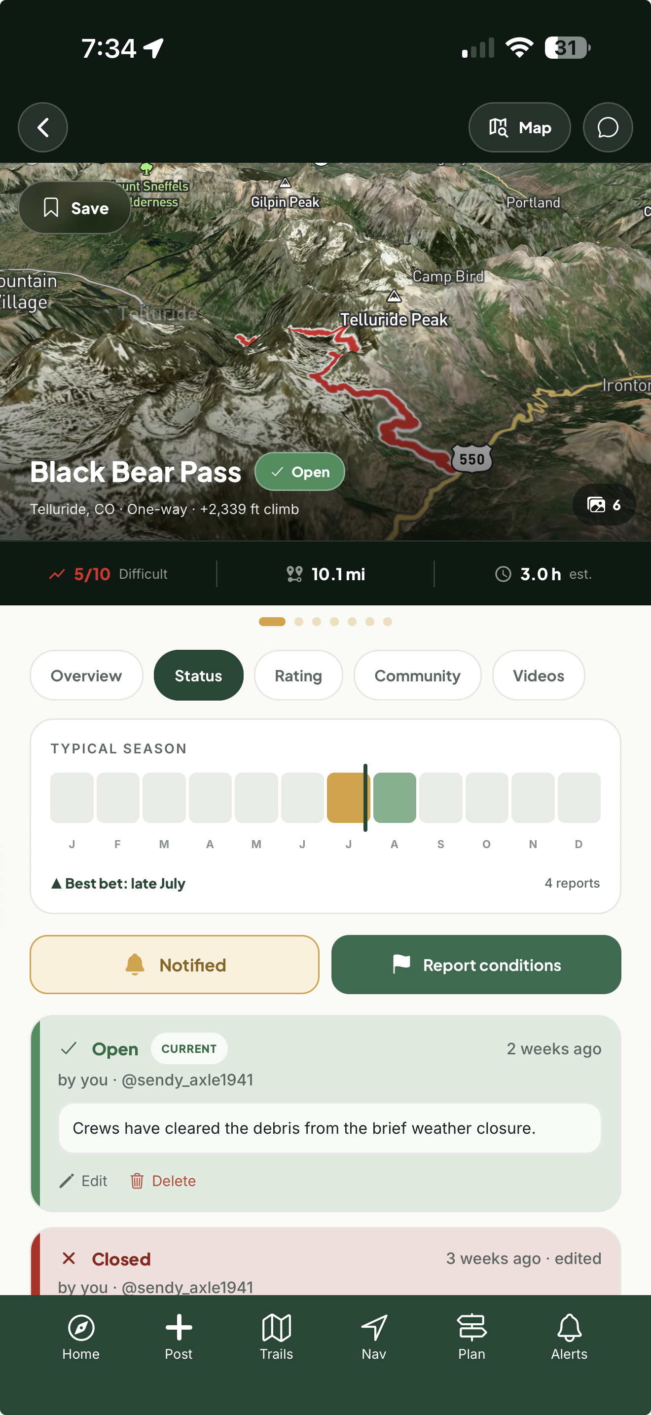 Landroamer trail status tab with season strip and condition reports